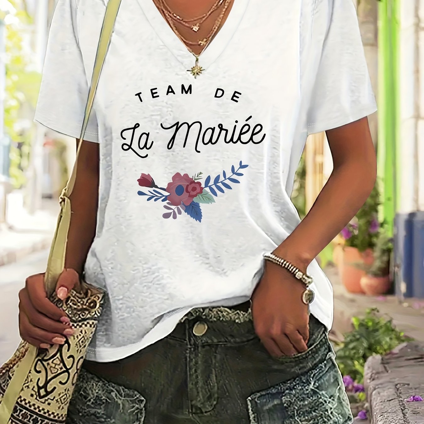 TEMU T-shirt d'été décontracté à col en V pour femmes, imprimé tendance