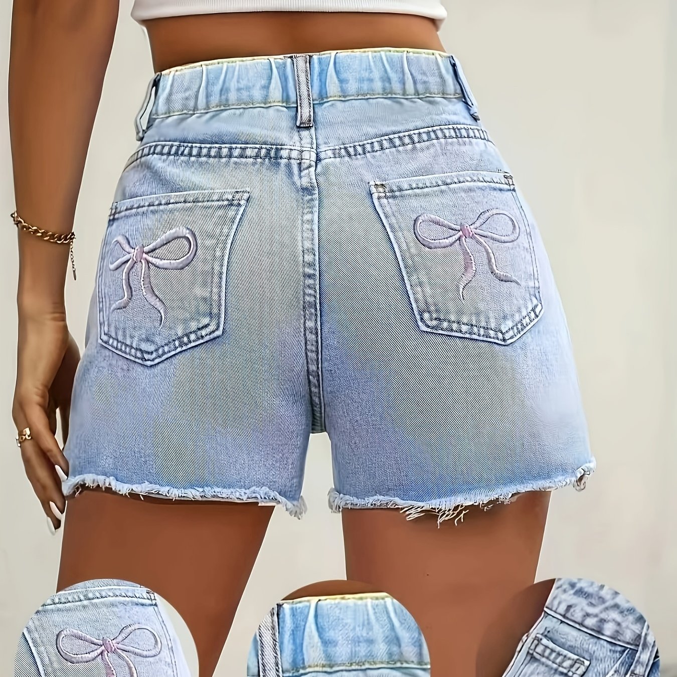 Casual Bow Embroidered Women's Denim Frayed Shorts