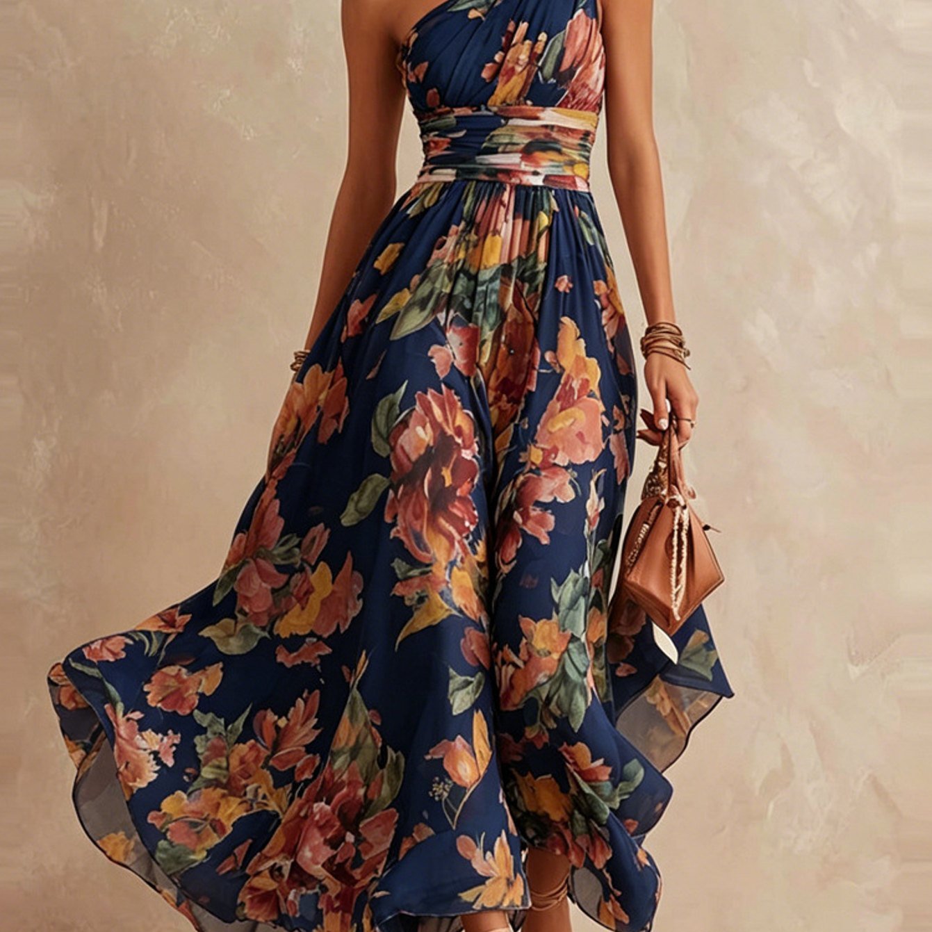 Women's Elegant One-shoulder Sleeveless Floral Print Maxi Dress For Summer