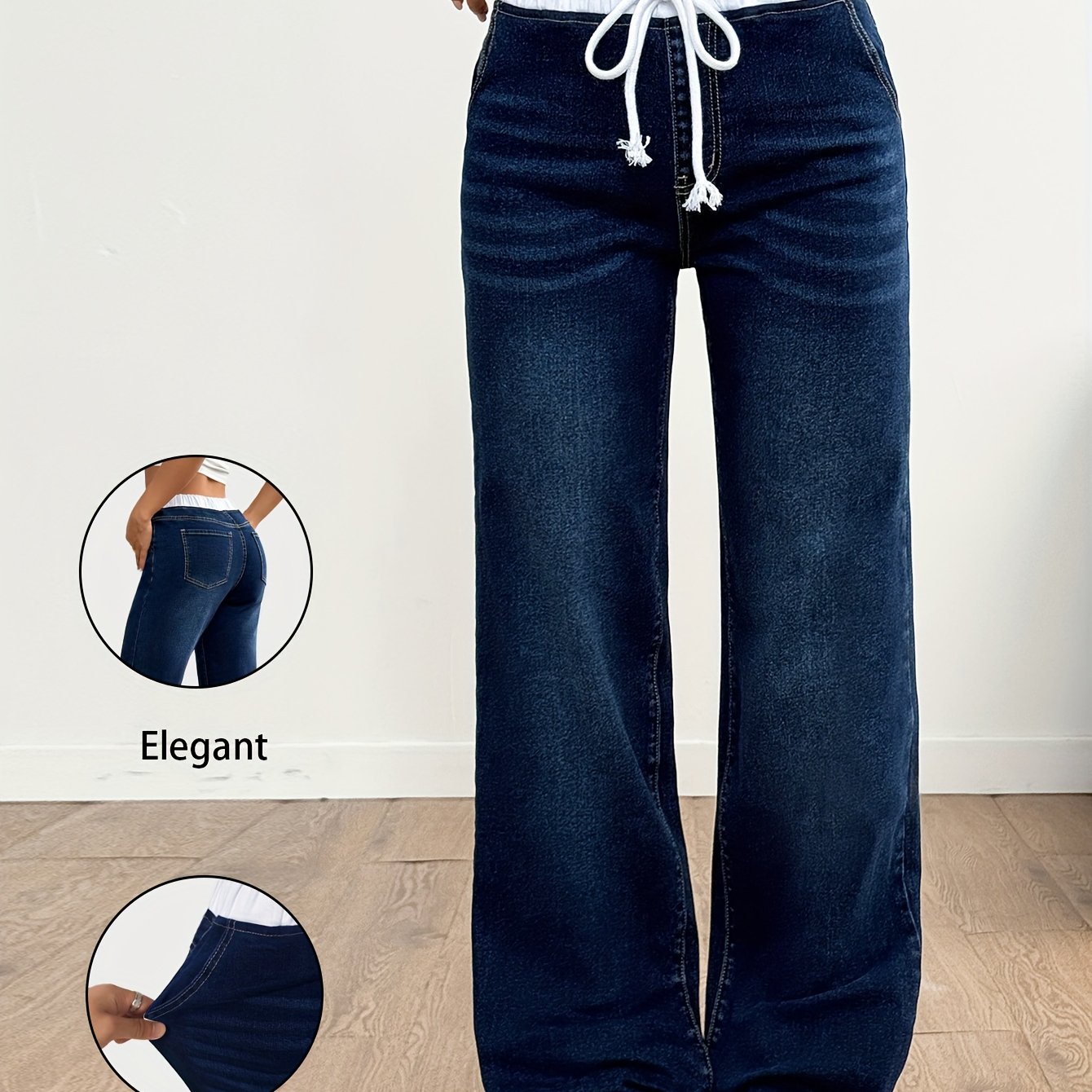 Image of Beautiful Popular Women's Clothing American -colored Women's Elegant Casual Versatile High-waist Drawstring Mid-high Elastic Leg Straight Jeans Women's 618562