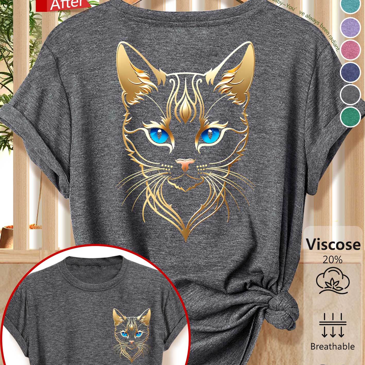 TEMU Plus Size Women's T-shirt With Golden Cat Light Luxury Exquisite Double-sided Print, Elegant Vintage Style For Spring, Summer, And Autumn, Loose