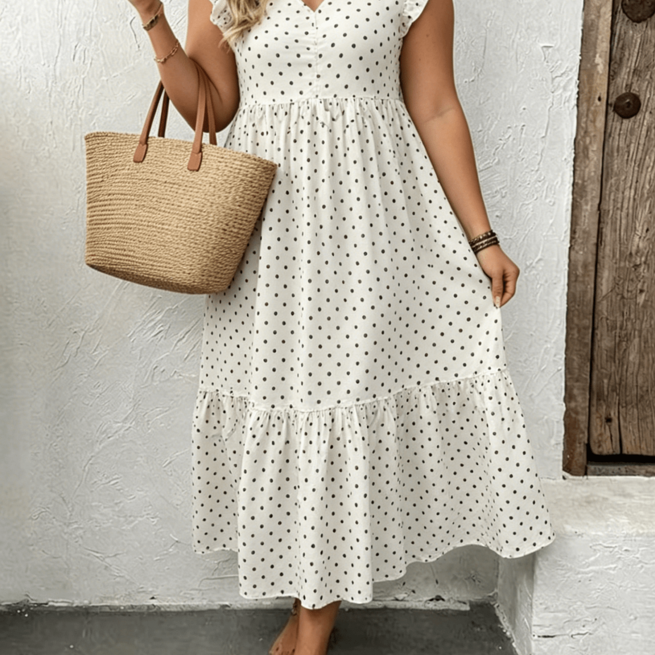 Plus Size Women's Elegant V-neck Polka Dot Ruffle Cap Sleeve A-line Flowy Midi Dress, Casual Style For Dates, Summer Beach Vacations, , And Everyday Relaxed Wear