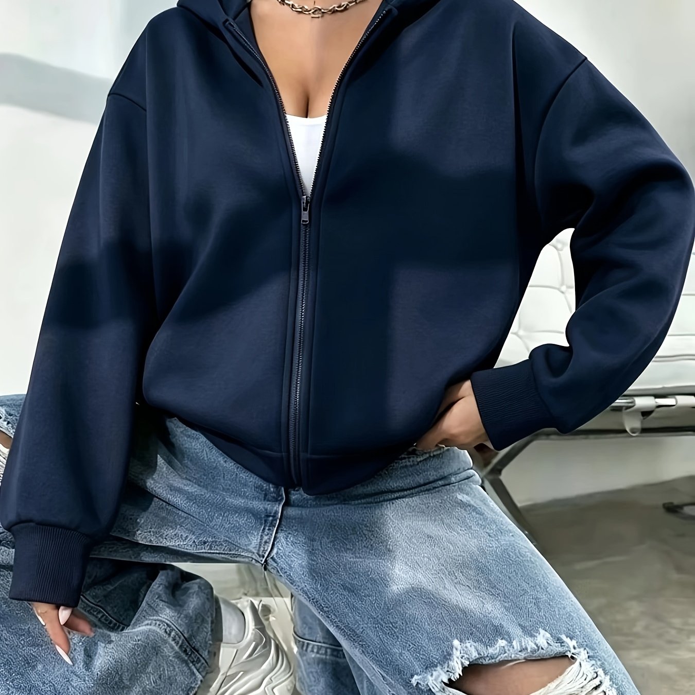 TEMU Autumn Winter Solid Loose Style Hooded Sweatshirt Casual Zipper Long Sleeve Casual Athletic Top
