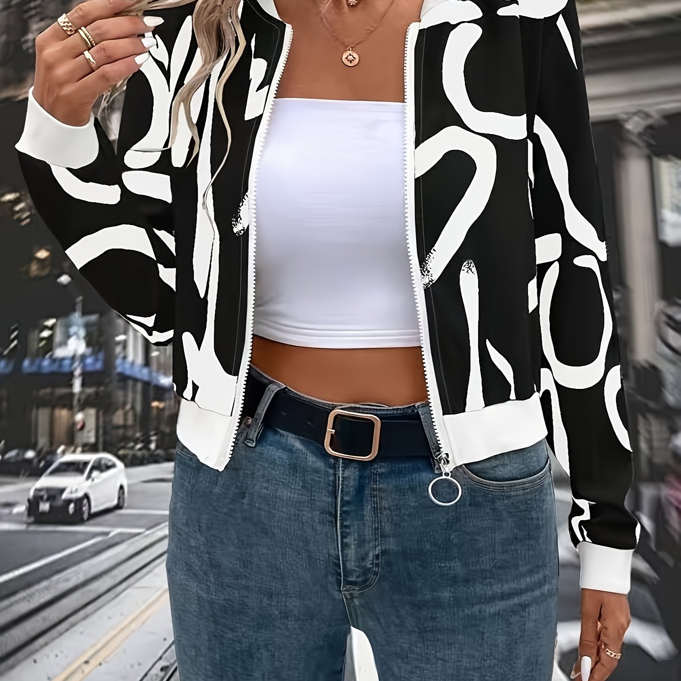 TEMU Women's Fashion Casual Printed Long Sleeve Zipper Jacket