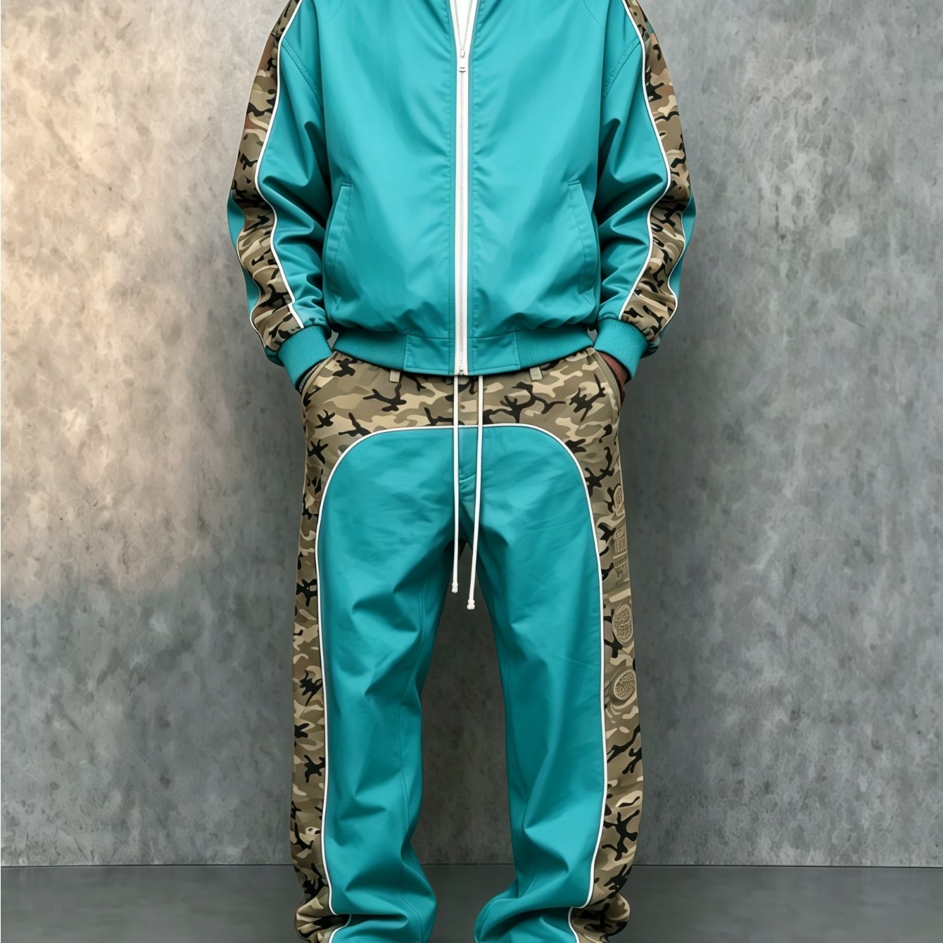 TEMU Men's 2pcs Camo Panel Tracksuit Set - Full Zip Up Stand Collar Jacket And Pants With White Piping, Color Block Sweatsuit For Streetwear, Casual,