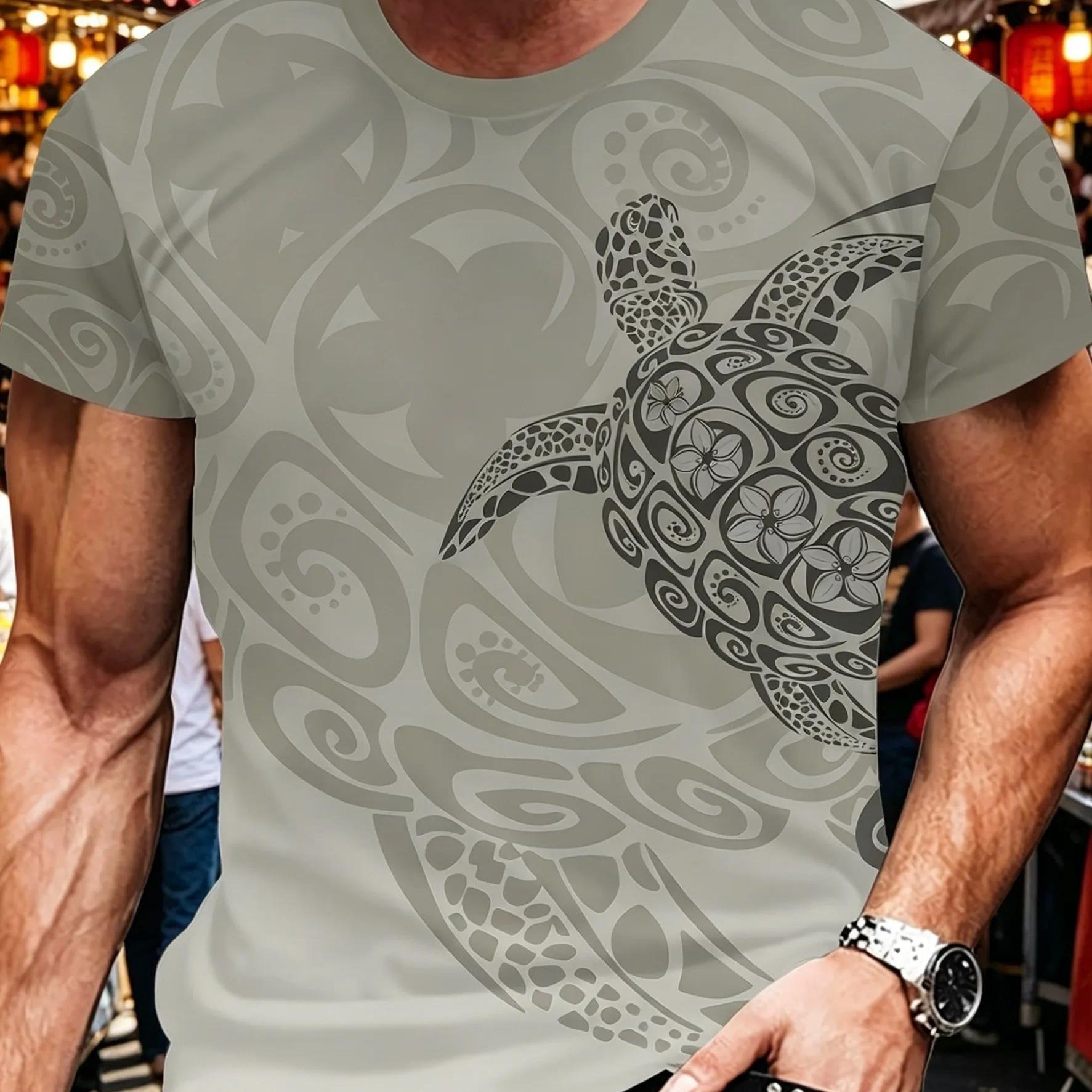 TEMU Men's Summer Beach T-shirt, Tribal Sea Turtle Polynesian Print Crew Neck Tee, Breathable Polyester Top For Vacation & Daily Wear