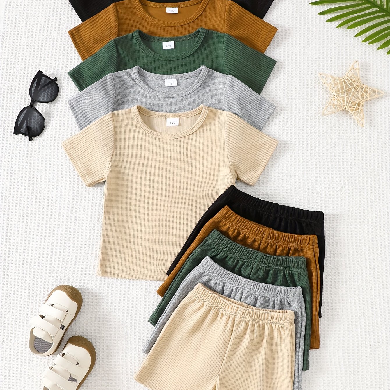 Image of European And American Baby Boy Spring And Summer Solid Color Waffle Fabric 5pcs Set, 10pcs Set, Suitable For Outdoor Use, Breathable, A Gift For Children, Perfect For Outdoor