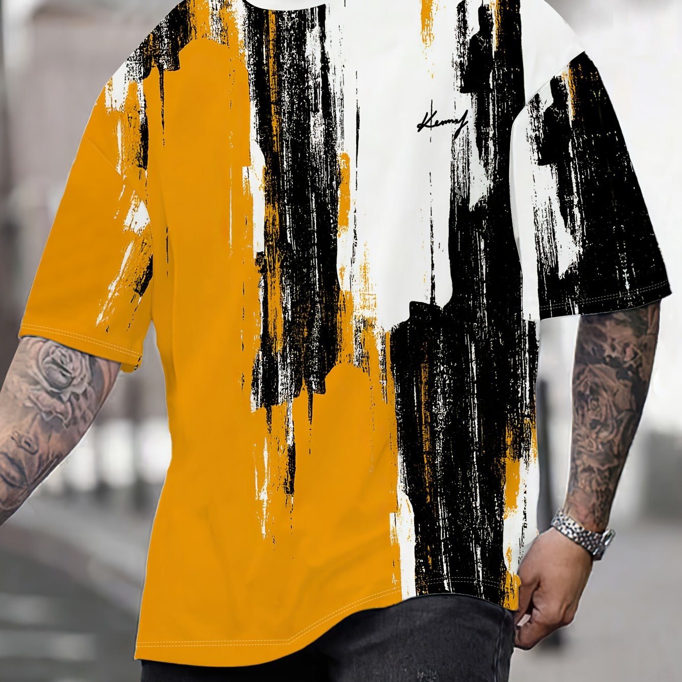 TEMU Men's Yellow Black White Splatter Art Print Short Sleeve T-shirt, Trendy Graffiti Style Plus Size Casual Top