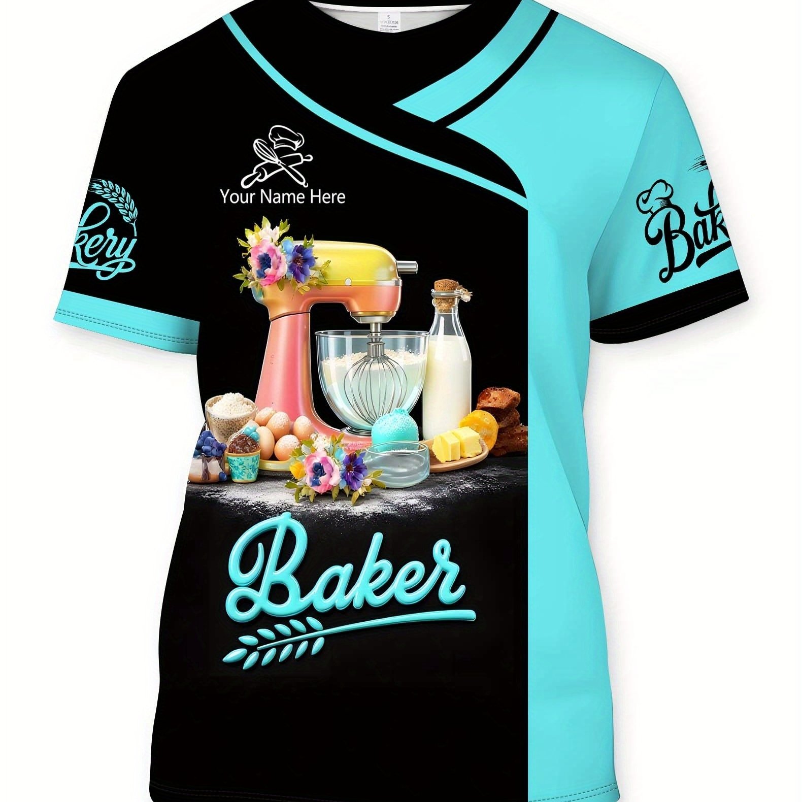 TEMU T-shirt à impression de nom personnalisé, T-shirt à impression d'outils de pâtisserie personnalisés, T-shirt à manches courtes et col ras du cou
