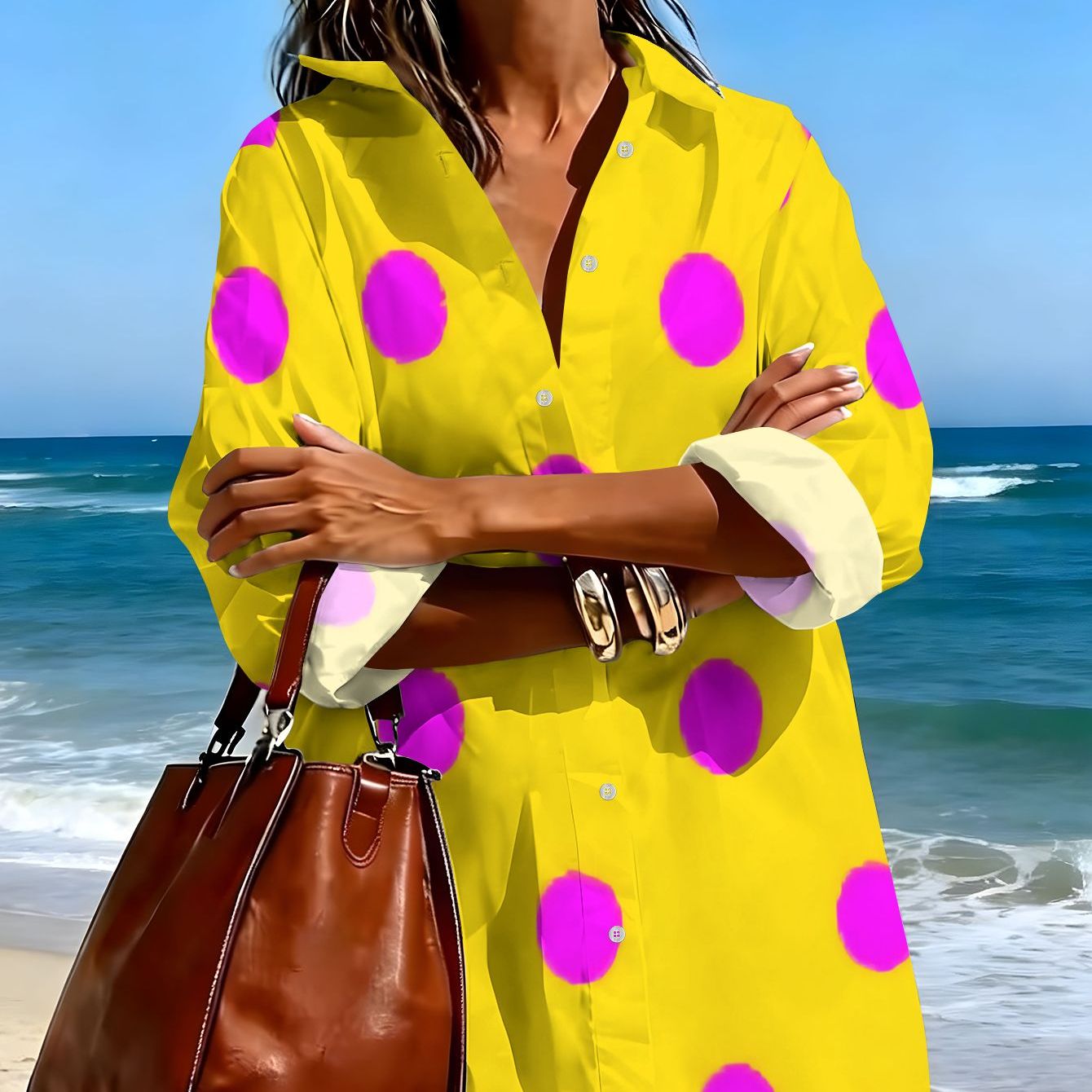 TEMU Women's Fashion Long Sleeve Shirt Dress, Pink Polka Dot Print On Background, Summer Casual Versatile Dress