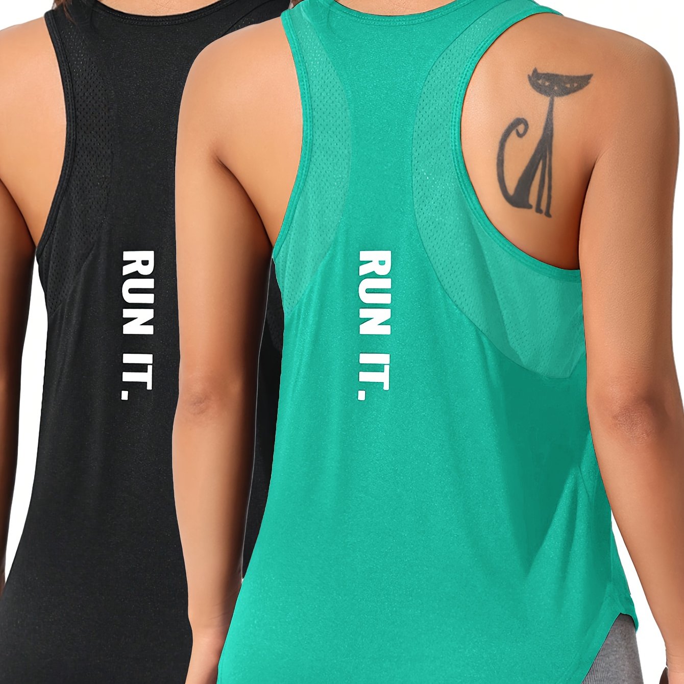 TEMU 2pcs Solid Color Casual Back Letter Print Women's Sports T-shirt And Vest Set, Mesh Panel Comfortable Breathable Lightweight Women's Athletic