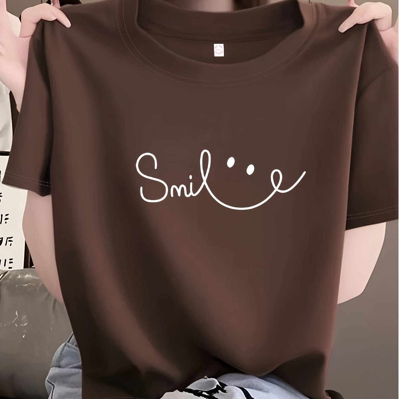 TEMU Spring/summer Simple Round Neck Fashionable Loose-fit Versatile Casual Short-sleeve T-shirt For Women, Printed Tee