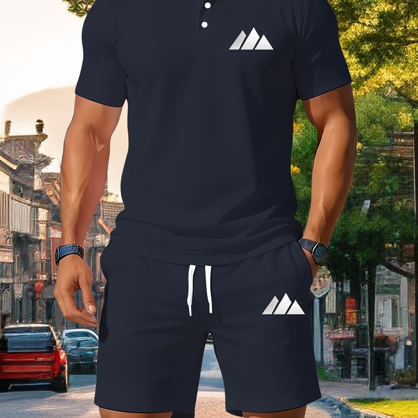 TEMU Men's Summer Quick-dry Short-sleeve Shirt Set, Lightweight For Outdoor Running And Fitness, Breathable Two-piece Outfit With Shorts