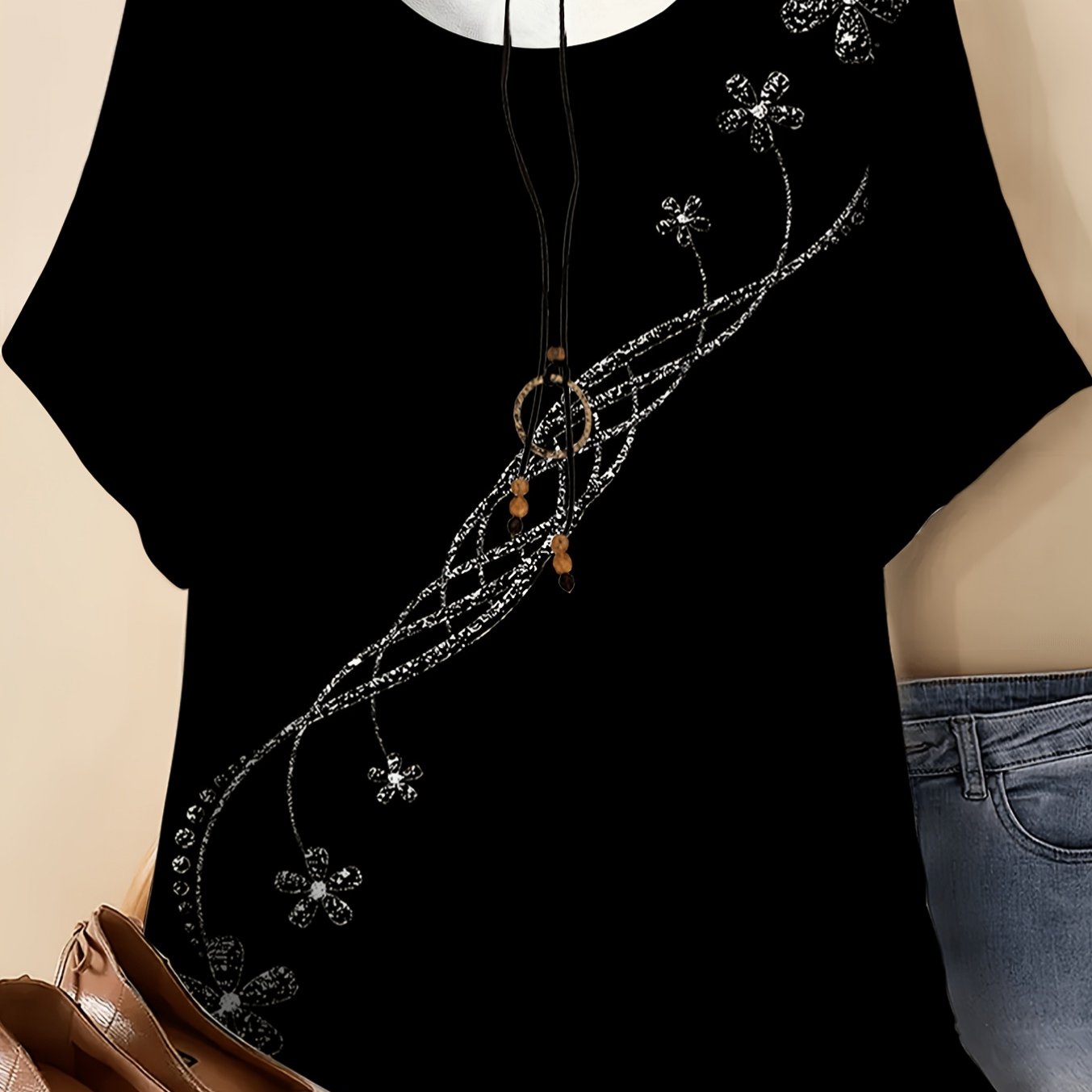 Image of Plus Size - Plus Sizes Black Short-sleeve Top For Women, , Loose And Comfortable, Fashionable And Versatile, Chiffon Material, New Summer Style, Easy And Elegant, Spring/summer Women's Clothing