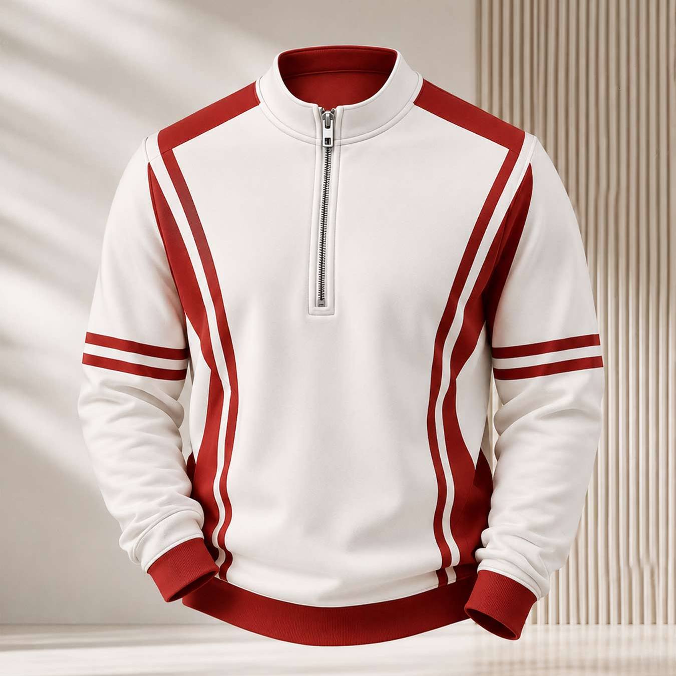 Men's Half-zip Crewneck Sweatshirt Vintage Red And White Striped Pattern Modern Sporty Style Comfortable For Casual Daily Wear Street And Social Gatherings