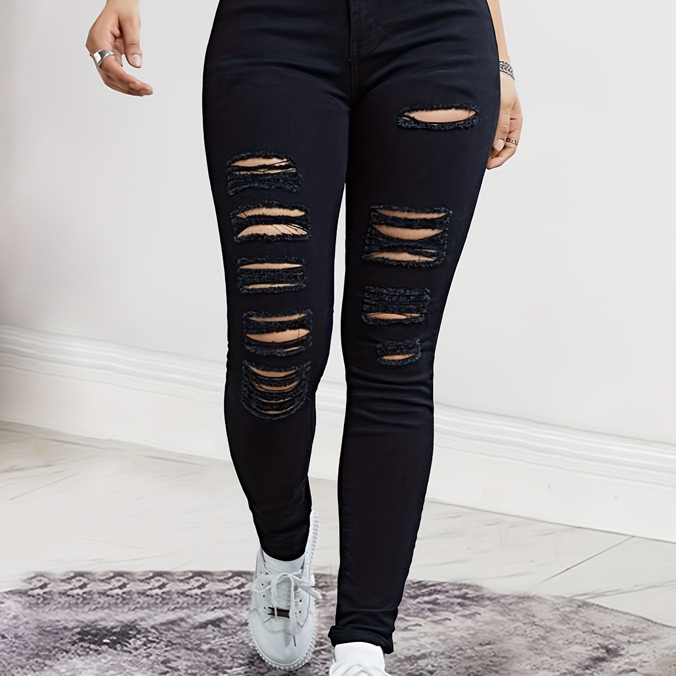 Black Ripped Holes Skinny Jeans Slim Fit Distressed High - Temu