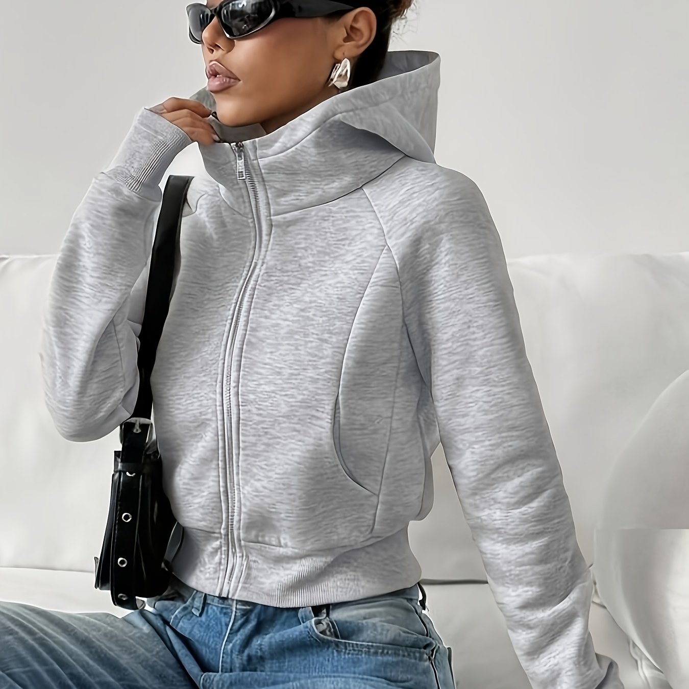 TEMU Women' Color -lined Thickened Casual Sport Hooded Sweatshirt, Autumn/winter Slim Fit Warm Zip-up Long Sleeve Top With Pockets And Thumb Holes