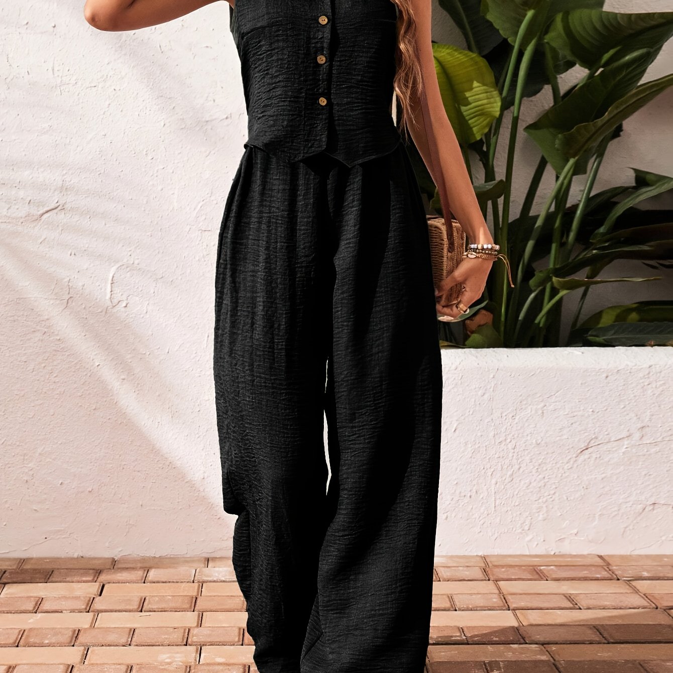 Image of Women' Color Front-button Sleeveless Shirt And Trousers Casual 2pcs Set, Spring/autumn Fashion, Elegant And Unique