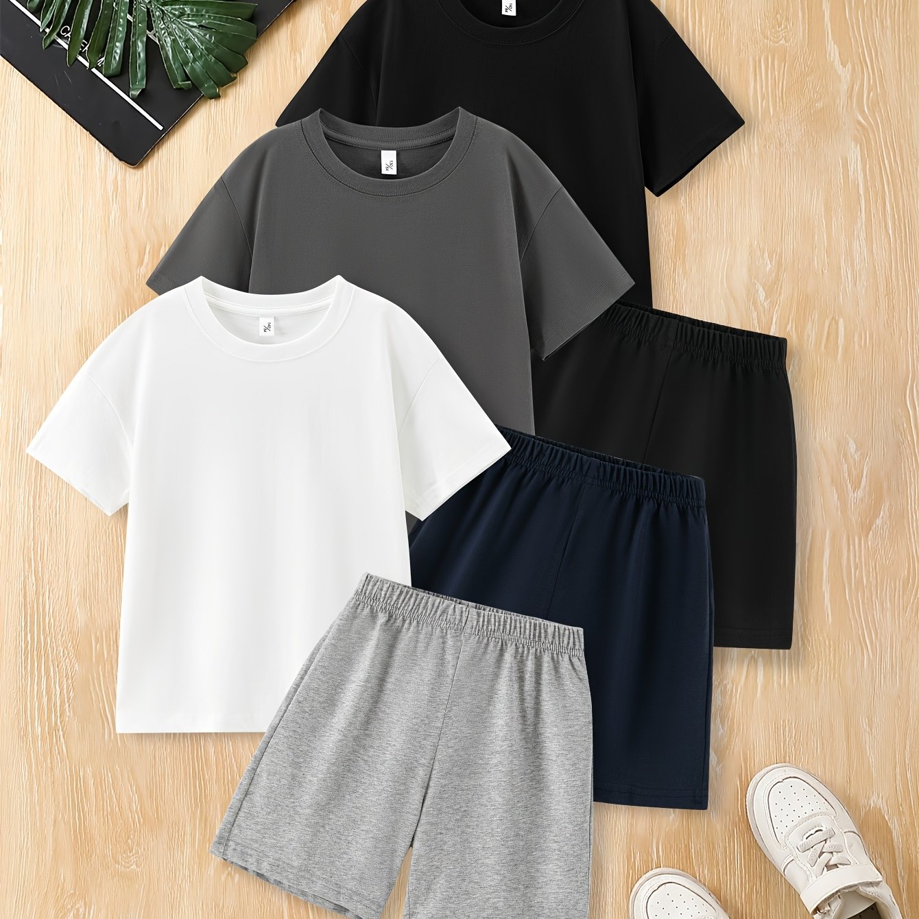 Image of 6pcs Set Of Boys' Short-sleeve Cotton T-shirts And Shorts, Solid Color Pullover Top And Pants Combo, Boys' Fashion Summer Outfit 6pcs, Perfect For Outdoor