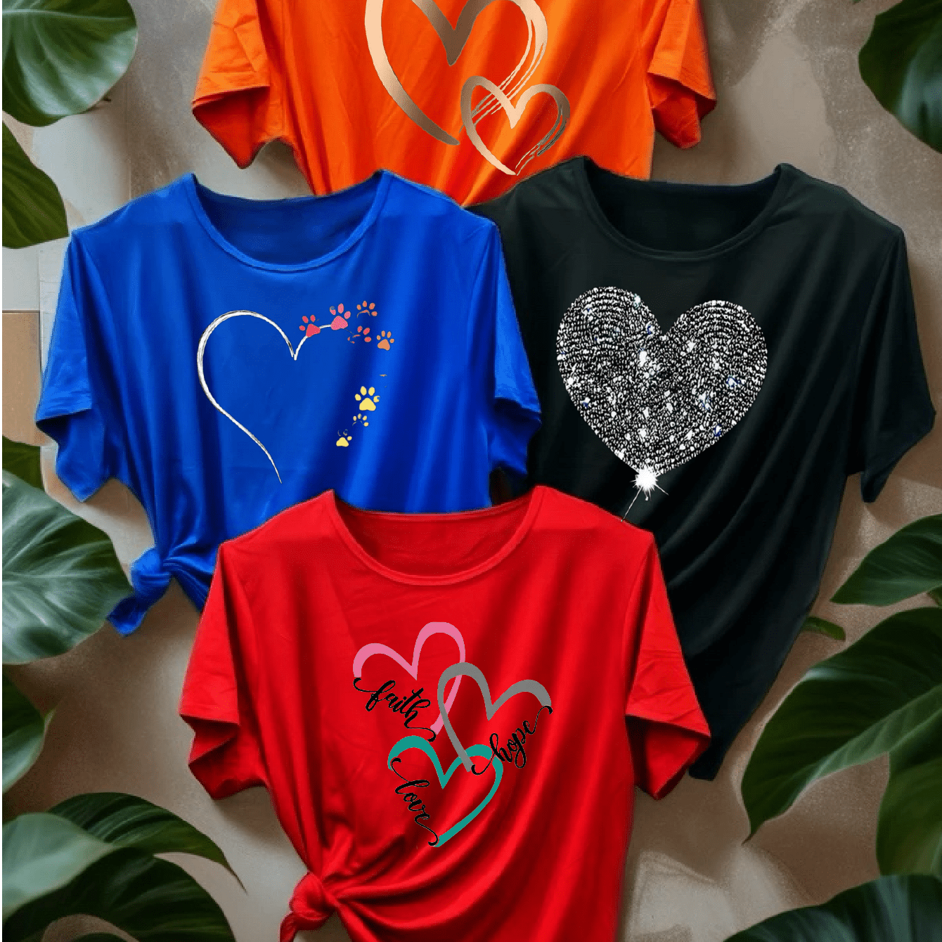 E-shop Diverse Liebes-Hüllen-Print T-Shirts, 4er-Pack Kurzarm Rundhals Freizeit Tops für Sommer und Frühling, Damenbekleidung