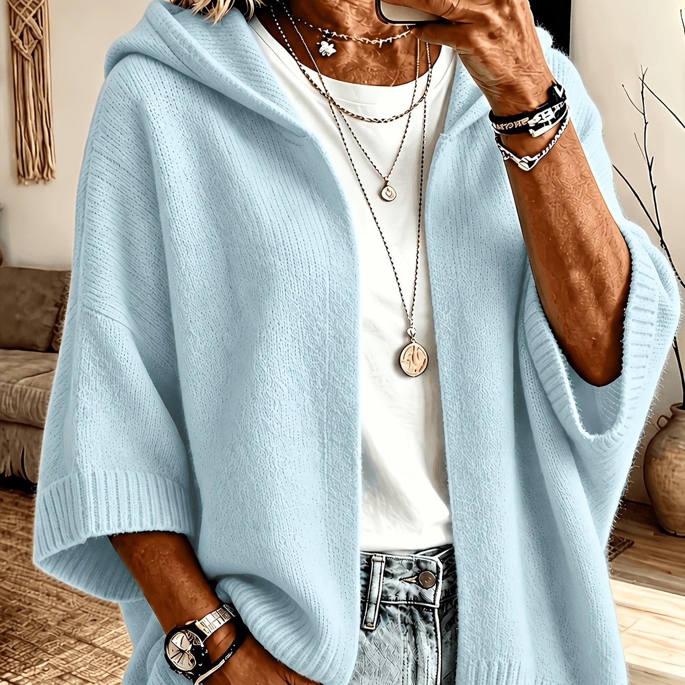 TEMU Women's Loose Hooded Cardigan, Buttonless Open Front Three-quarter Sleeve Sweater Jacket, Casual Relaxed Outerwear