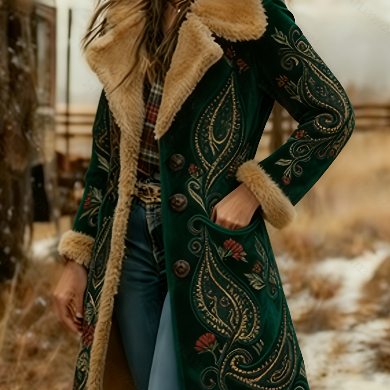 Printed Design Not Textured Ladies' Western Retro Style Autumn And Winter Warm Long-sleeved Retro Printed Jacket Coat - Western Printed Jacket Lapel Coat