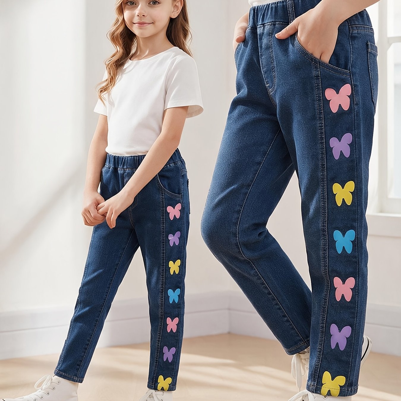 Image of Girls' Slim Fit Denim Pants With Colorful Print