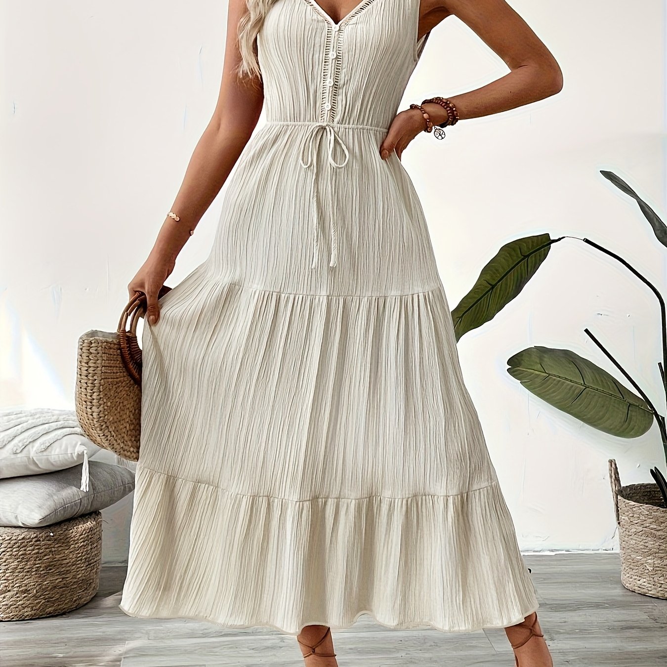 Image of Summer New Women's Casual Vacation Sleeveless Textured Dress