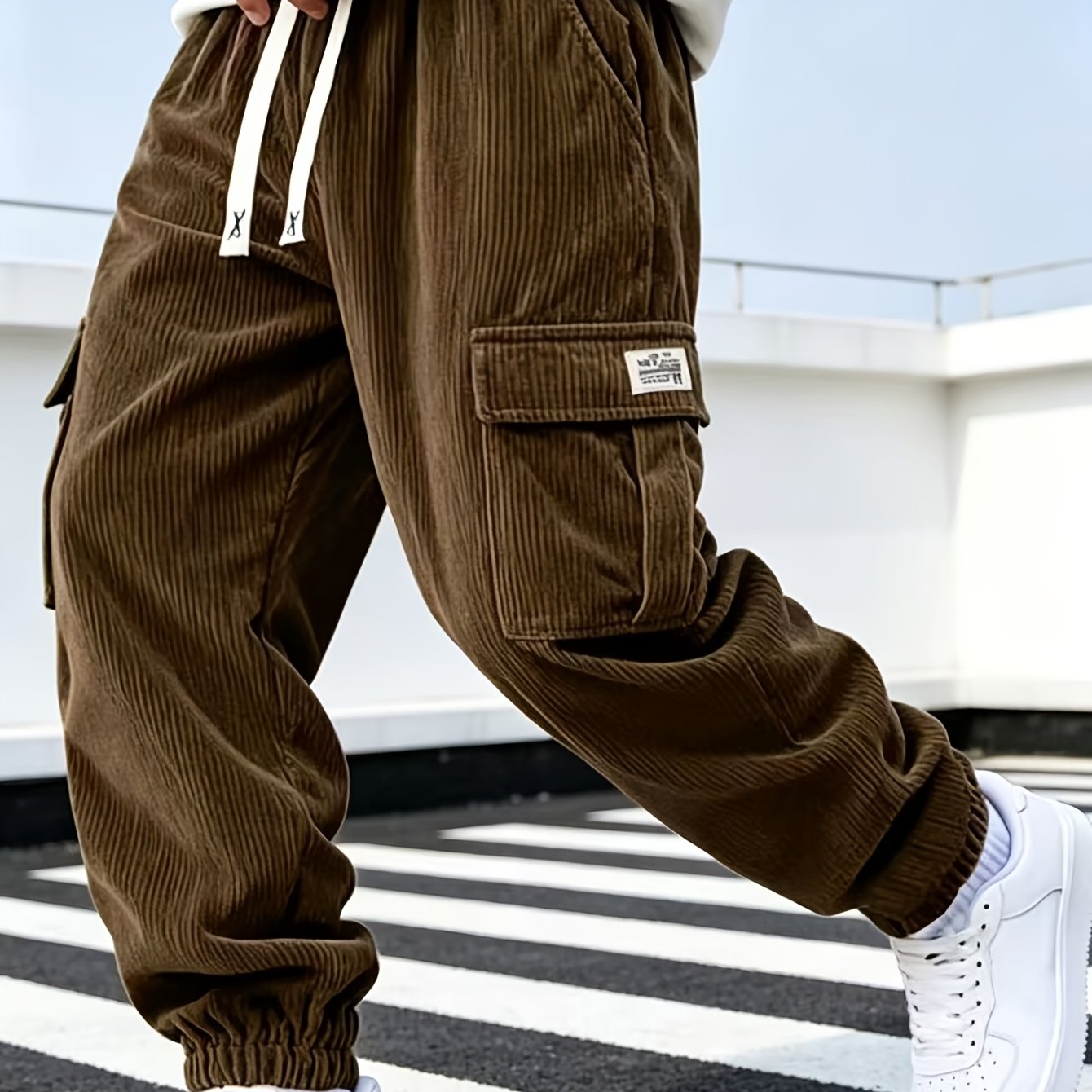 TEMU Men's New Corduroy Cargo Casual Trousers, Spring Autumn Elastic Waist Multi-pocket Loose Ankle-cinching Athletic Long Pants, Street All-match