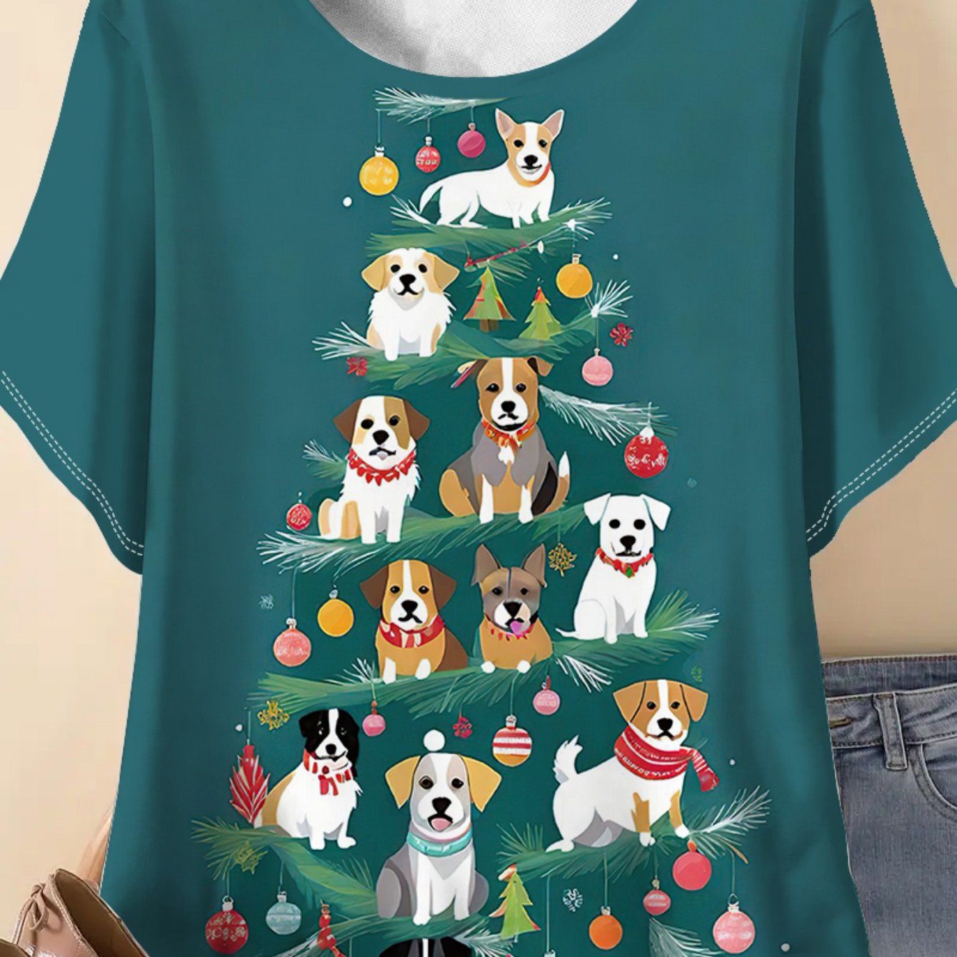 TEMU Plus Size - Plus Size - Summer T-shirt For Christmas Featuring A Dog, Available In Plus Sizes With Digital Prints, , Cute Design, Round Neck,