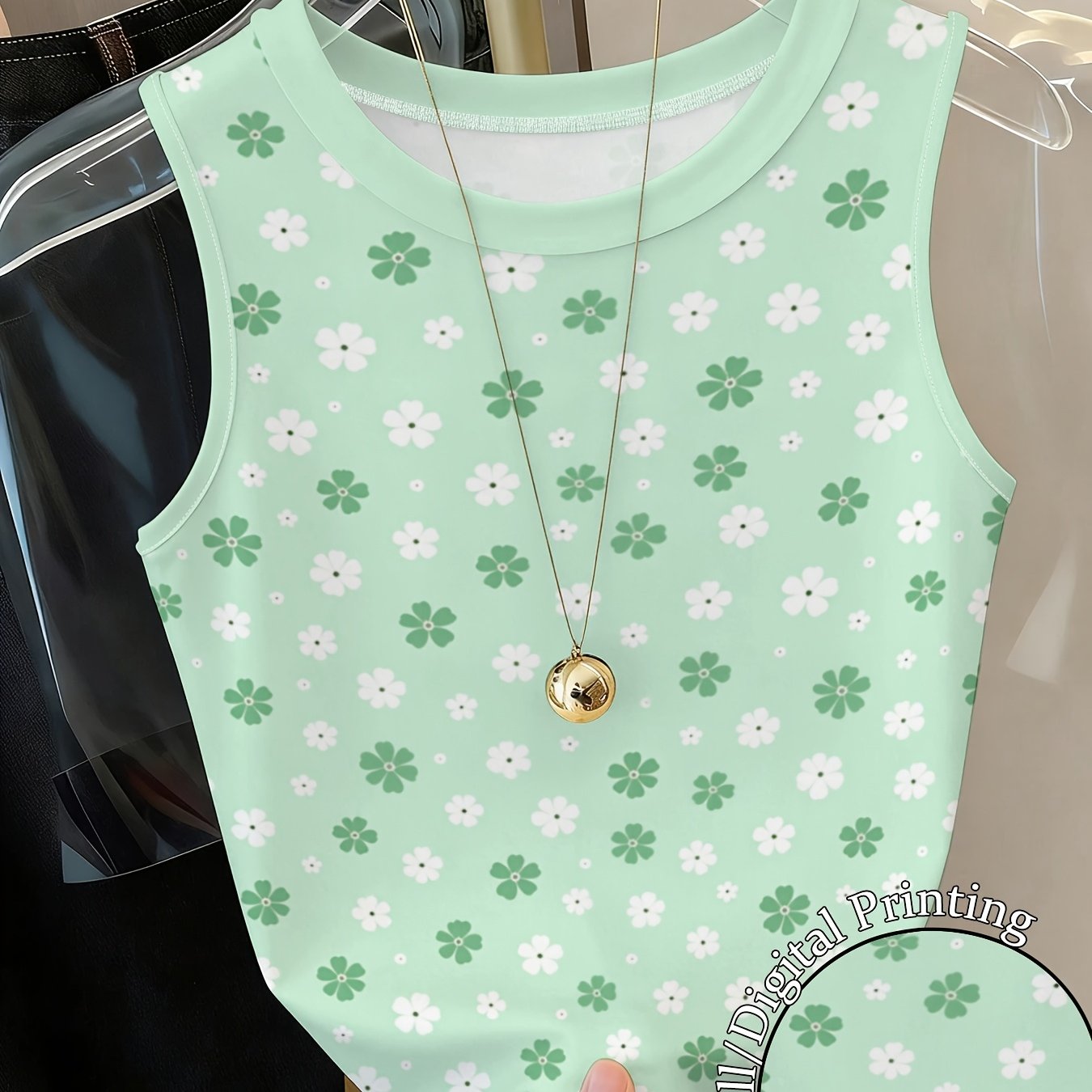 TEMU Y2k Spicy Neck Printed Tank Top, Slim-fit Sleeveless Top For Women