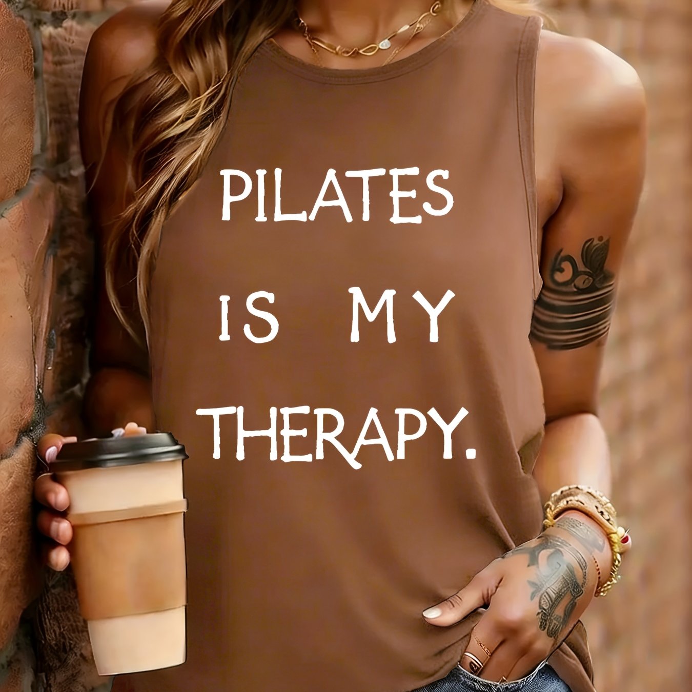 TEMU -piece, Casual Yet Elegant Women's Sleeveless Round-neck Top, Featuring A Print That Symbolizes 'pilates Is My Therapy', Made From Comfortable,