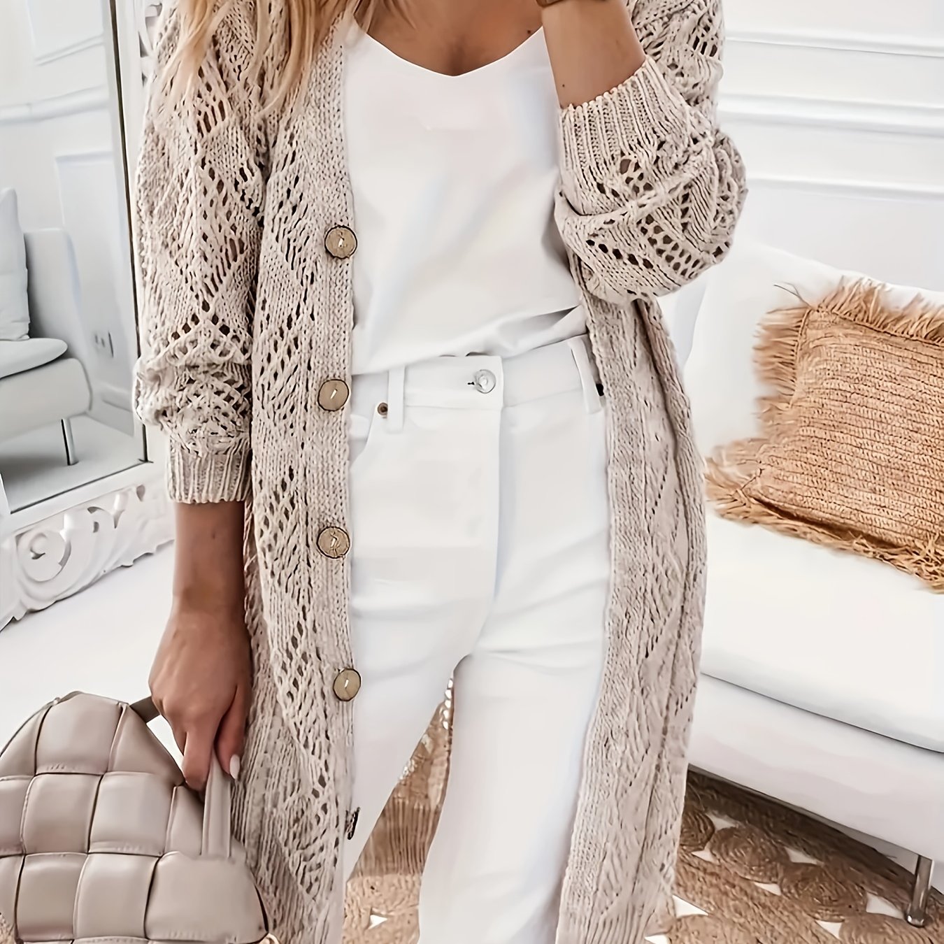 Image of Plus Size - Plus Size - Women's Hollow-out Cardigan Sweater, Elegant Button Long Sleeve Open Front Sweater, Plus Size Women's Clothing
