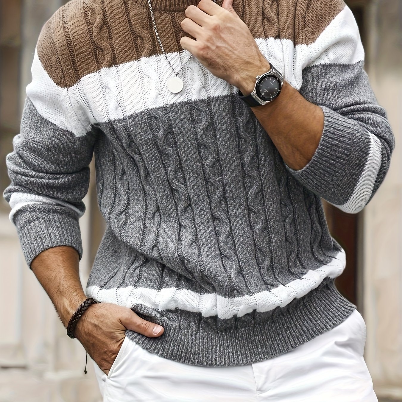 Image of Men's Casual Crew Neck Long Sleeve Knit Pullover, Medium Stretch, Regular Fit, Suitable For Autumn/winter, Winter Apparel | Color | Durable Knit | Loose Sweater For Autumn Daily And