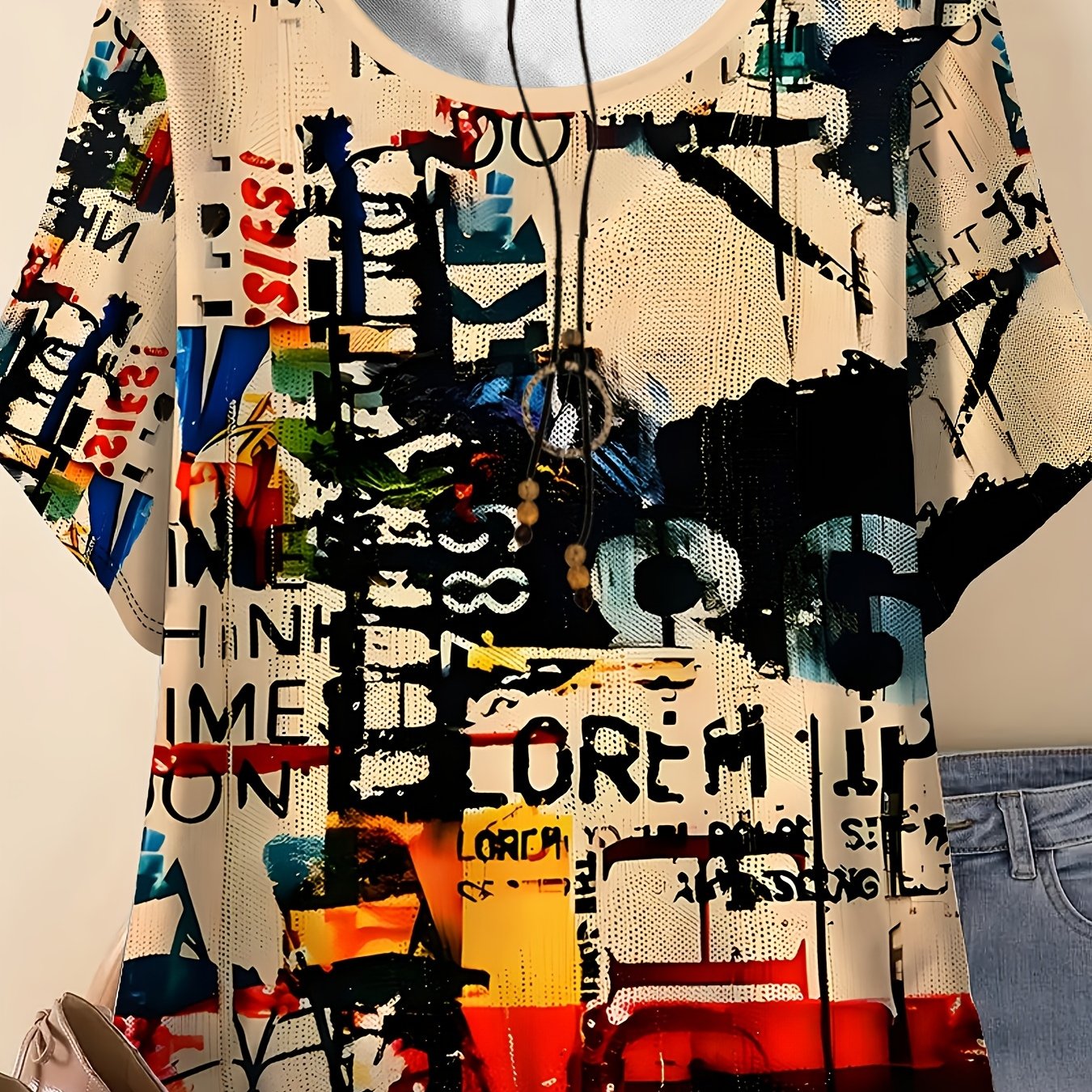 Plus Size, Comfortable, Casual, Elegant Style, Printed Pattern With Colorful Letter Graffiti Elements, Plus-size Women's Round-neck Short-sleeve T-shirt