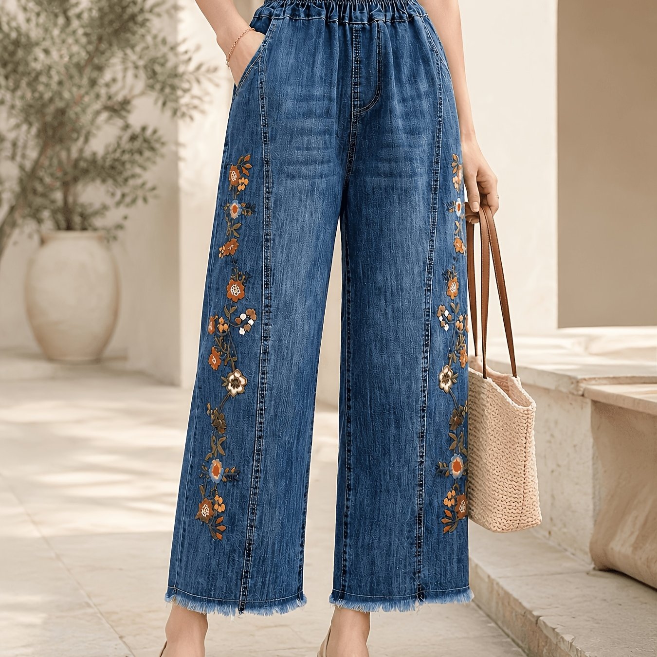Women's Cropped Wide-leg Jeans With Lace Embroidery & Hem - Elastic Waistband Mid-rise Loose Fit Street Style For Spring/summer, Machine Washable Casual &