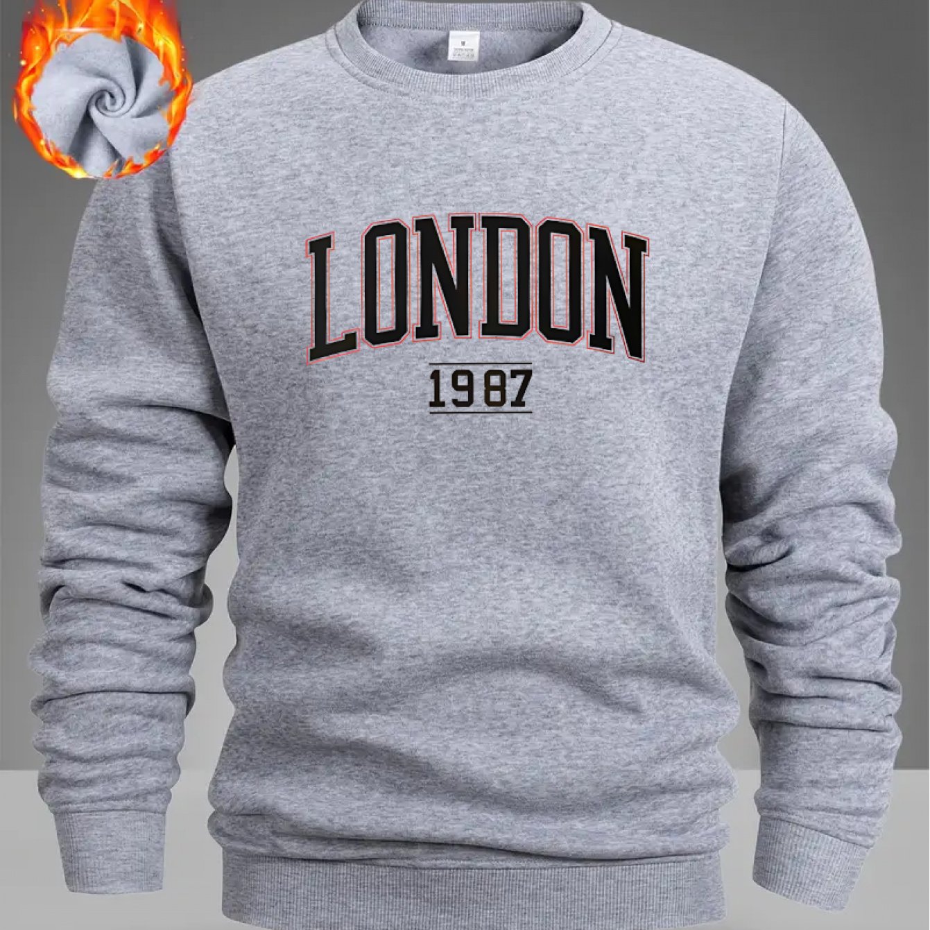 TEMU Men's Fleece-lined And Thickened Round Neck Pullover Sweatshirt, Easy Letter Number 1987 Print, Trendy Loose Versatile Top, Autumn And Winter