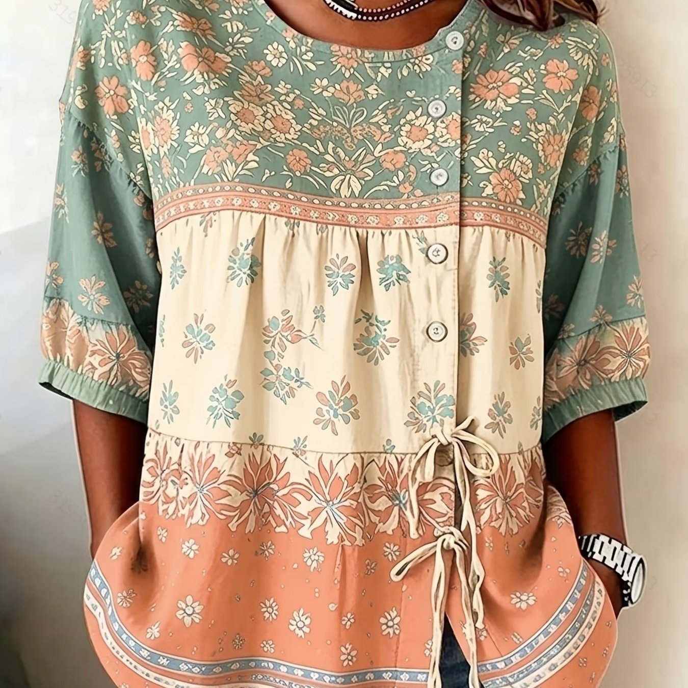 TEMU Ethnic-style Green And Caramel-colored Babydoll Shirt With Small Floral And Geometric Prints For Women, , Loose-fitting, And