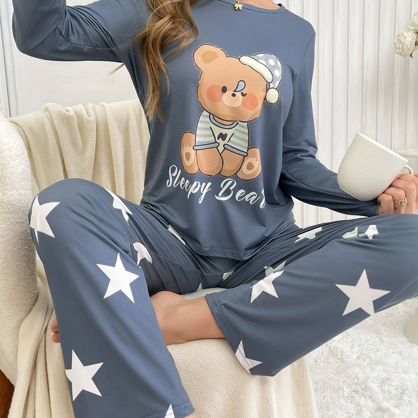 TEMU Уютен комплект пижами с принт на медвед и звезди за жени - Меко синьо, горнище с дълги ръкави и кръгло деколте, съвместими панталони, идеални за