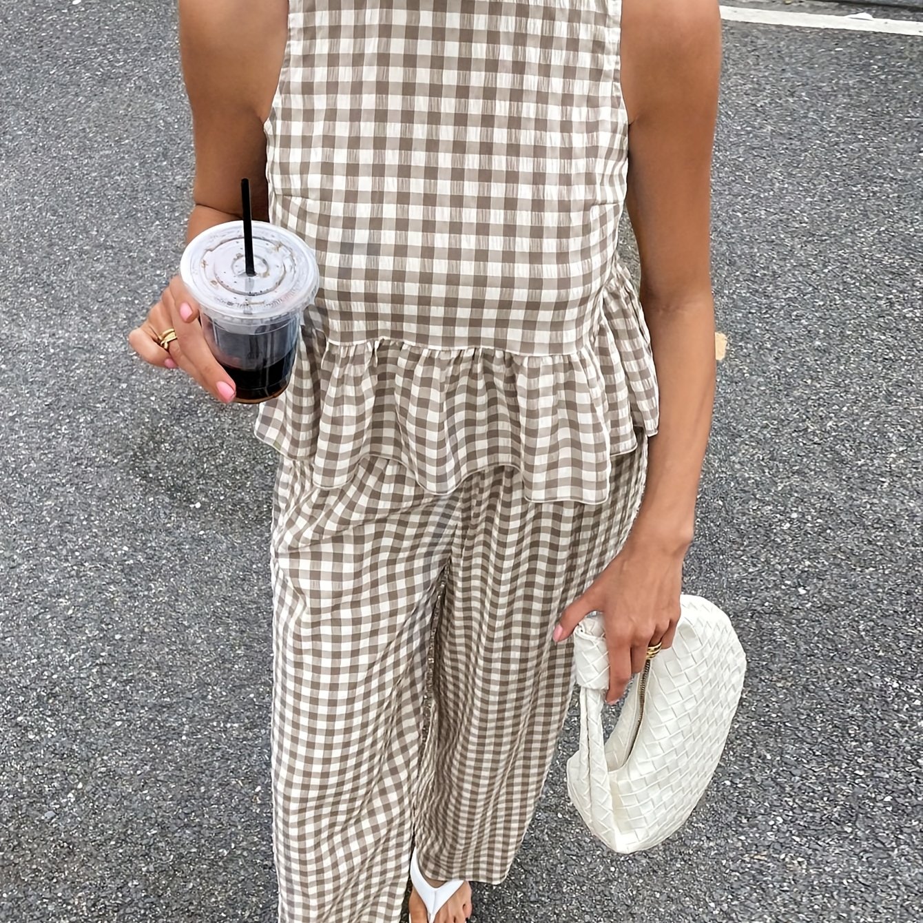 E-shop Damen Kariertes Ärmelloses Puppentop mit Weitbeinigen Hosen 2-teiliges Set, Lockerer Casual Weste 2-teiliges Set, Modisches Elegantes Outfit,