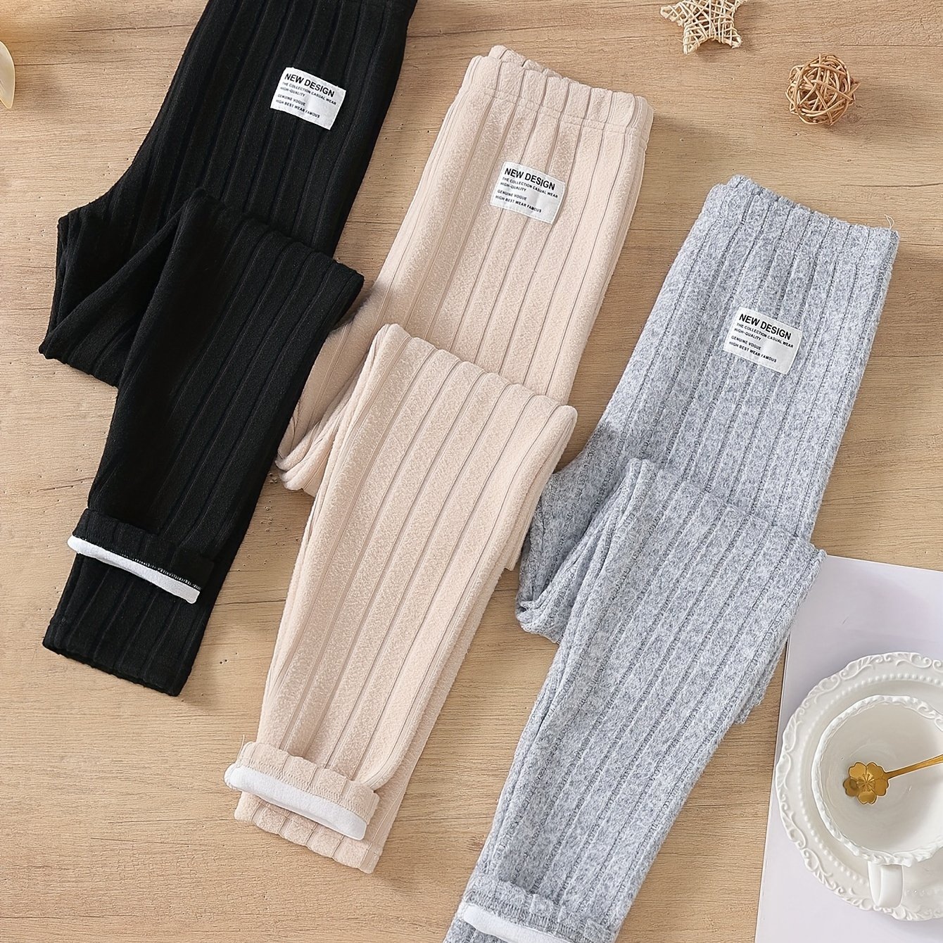 Girls' Solid Color 3pcs Set With Wide Stripe Brushed Pants, Perfect For Outdoor