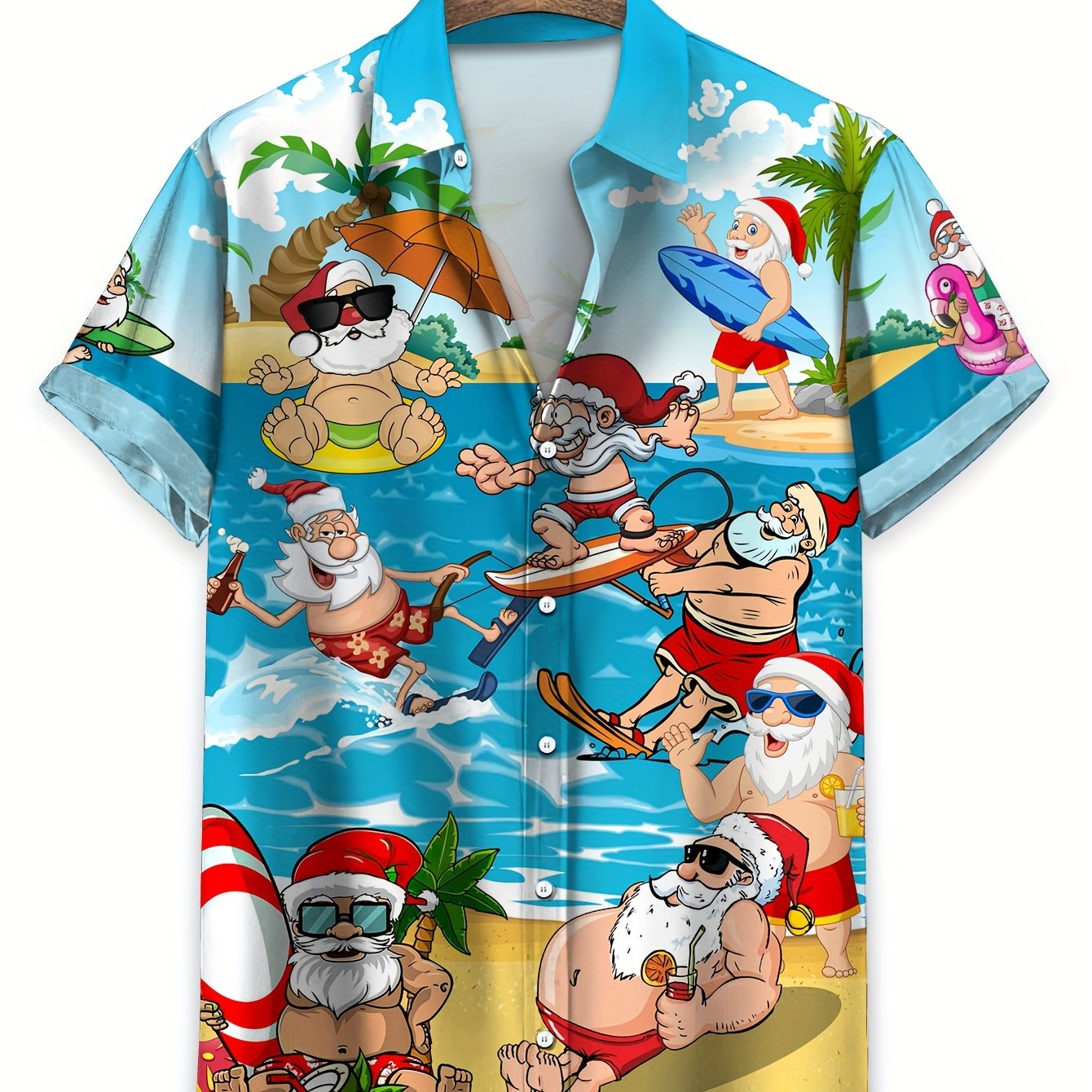 TEMU Men's Christmas Themed Cartoon Figures Print Short Sleeve Shirt For Summer, Casual Comfy Beach Shirts As Gift