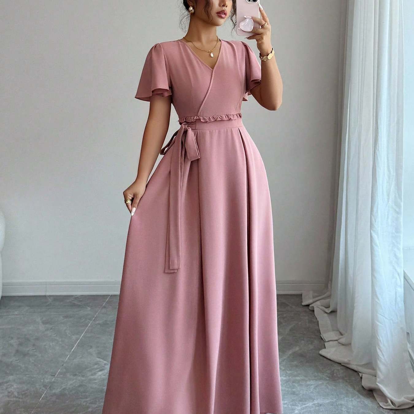 Short Sleeve Dress In A Solid Color For Summer