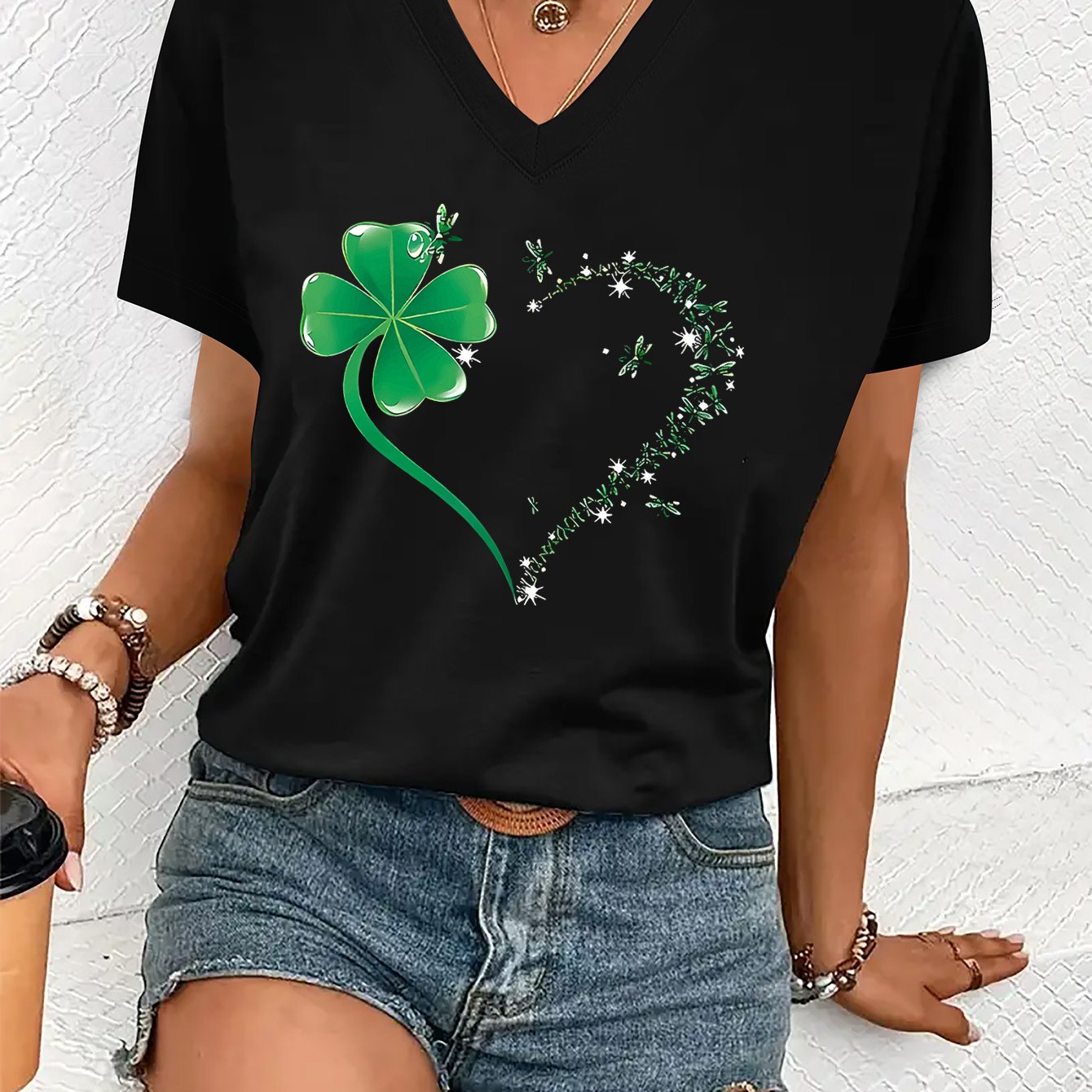 TEMU Graphic Print T-shirt, Short Sleeve V Neck Casual Top For Summer & Spring, Women's Clothing