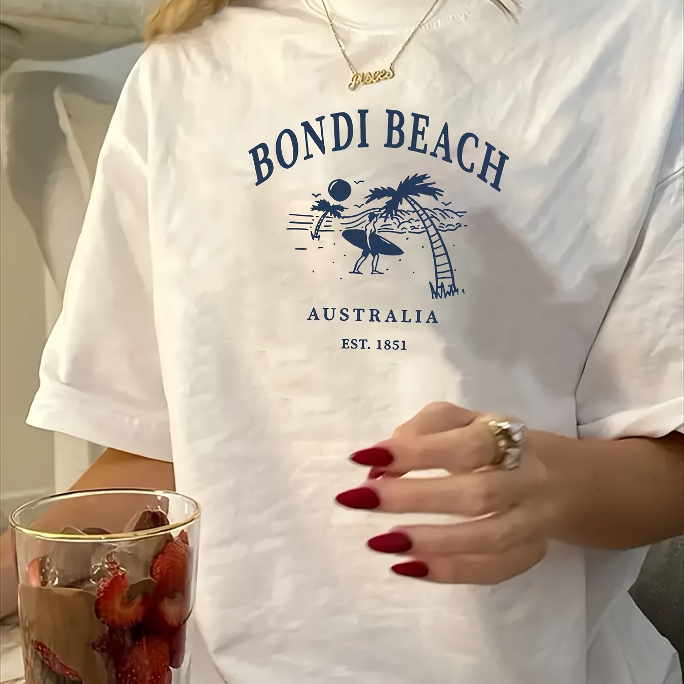 TEMU Women's Round Neck Short Sleeve T-shirt, Tropical Print Design Featuring Beach, Australia, Suitable For Spring Summer Daily Wear And Travel,