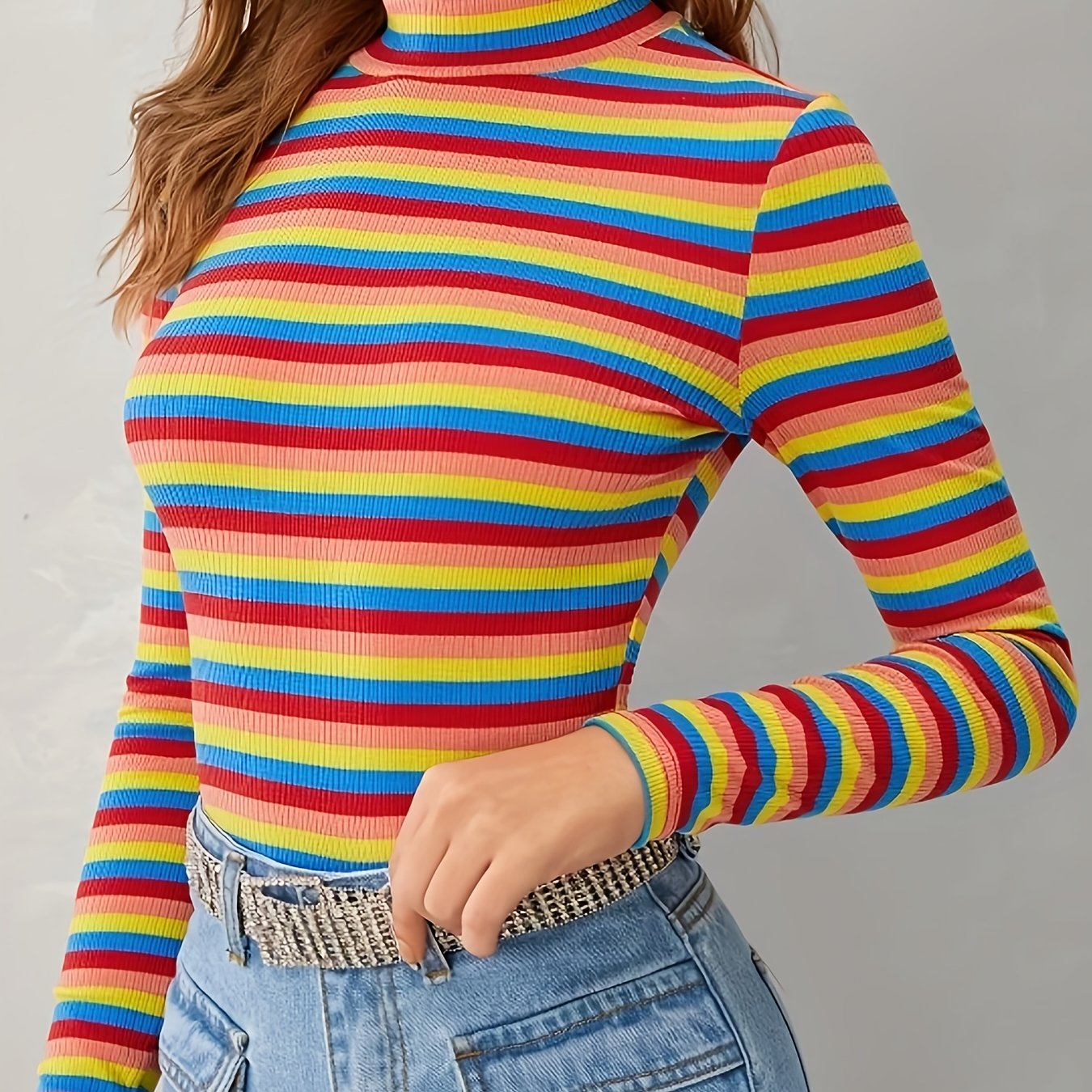 TEMU Colorful Striped Turtle Neck T-shirt, Y2k Long Sleeve Top For Spring & Fall, Women's Clothing