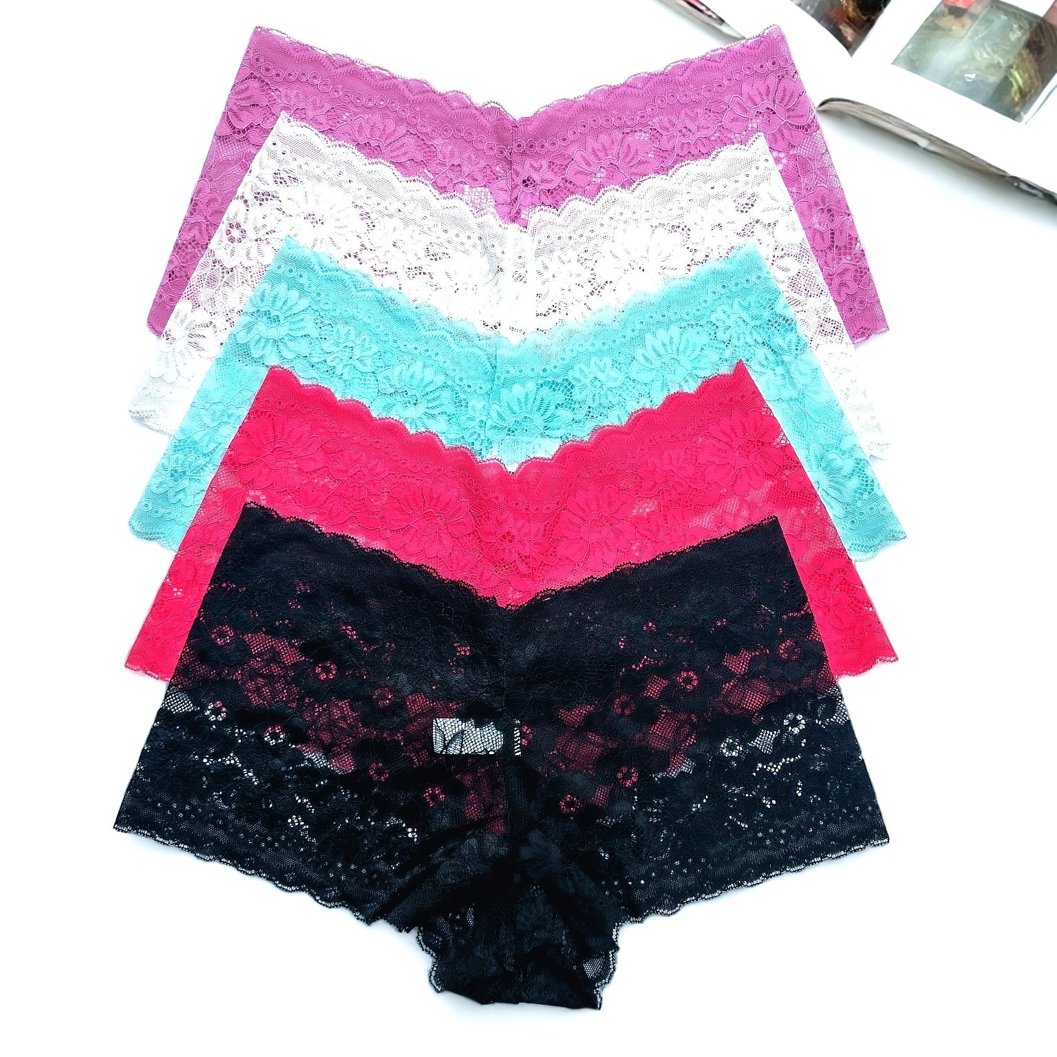 TEMU 5pcs Women's Sheer Lace Briefs - Semi- Bikini Underwear With Ruffle Trim, Soft Comfortable Panties, Machine Washable, Medium & (5pcs) - Sexy