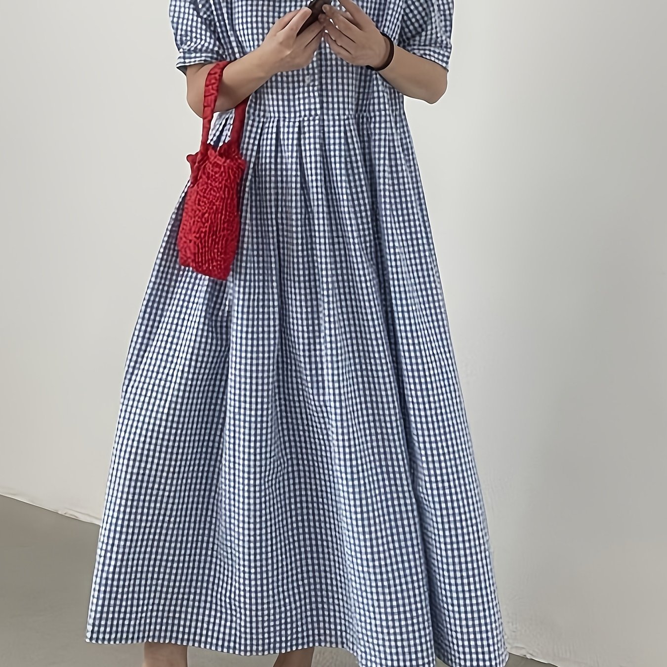 TEMU 夏 気品 小ボタン並べドレス ゆったり カジュアル チェック柄 膝丈オーバー丈ロングスカート レディースファッションスカート