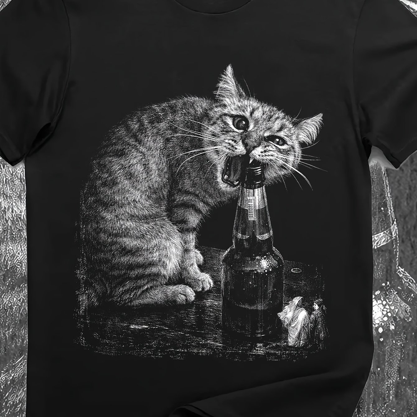 Image of Men's Funny Drunk Kitty -shirt - Heavyweight 180g Cotton Vintage Meme Tee Suitable For Adult Men &, Cursed Cat Shirt Gift For , Casual Wear Or Motorbike Apparel, Hand Washable Feline Humor Top