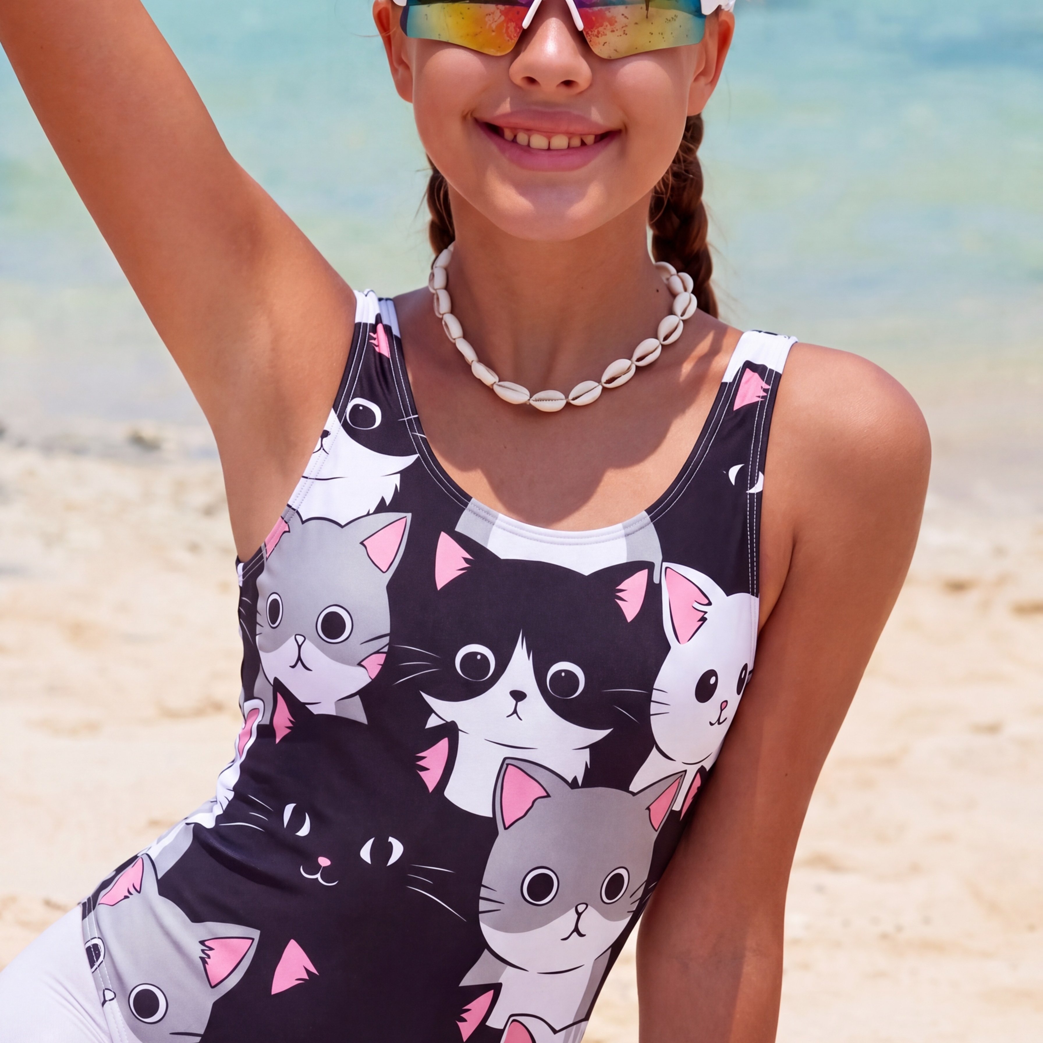 Image of Cute Cat Print 's Fashion Beach Vacation Swimsuit, Teen Girls' Black Cartoon Cat 1pc Swimsuit Swimming Pool, For Teenager